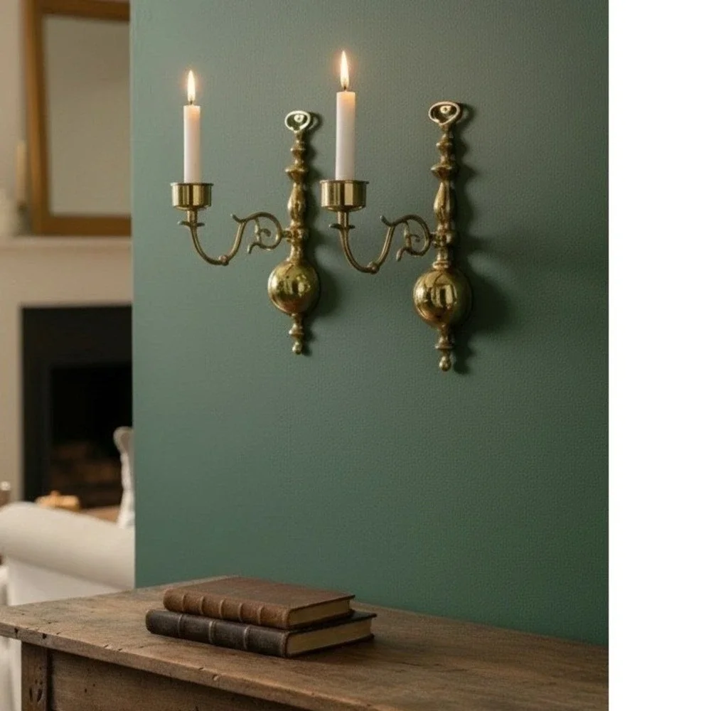 Vintage Solid Brass Wall Sconce Candle Holders Pair Polished Gold Spindle 12.5in